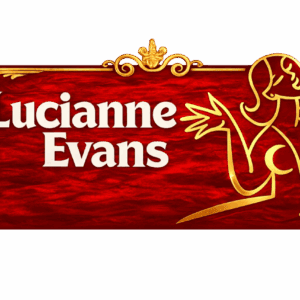 Lucianne Evans logo with stylized woman silhouette on red background.