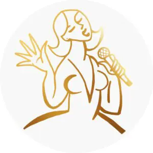 Elegant line drawing of a female singer holding a microphone.