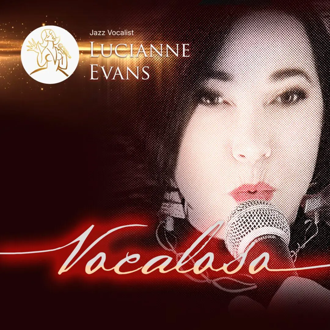 Jazz vocalist with microphone and text overlay.